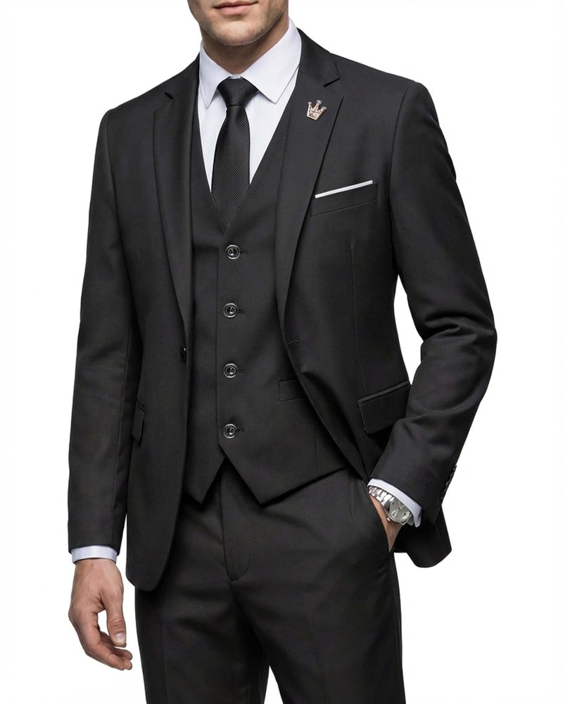 MYS MY'S Men's 3 Piece Suit Set with Tie, One Button Slim Fit Jacket Vest & Pants, Party Wedding Prom Blazer Waistcoat & Trousers, Black Small - Image 1